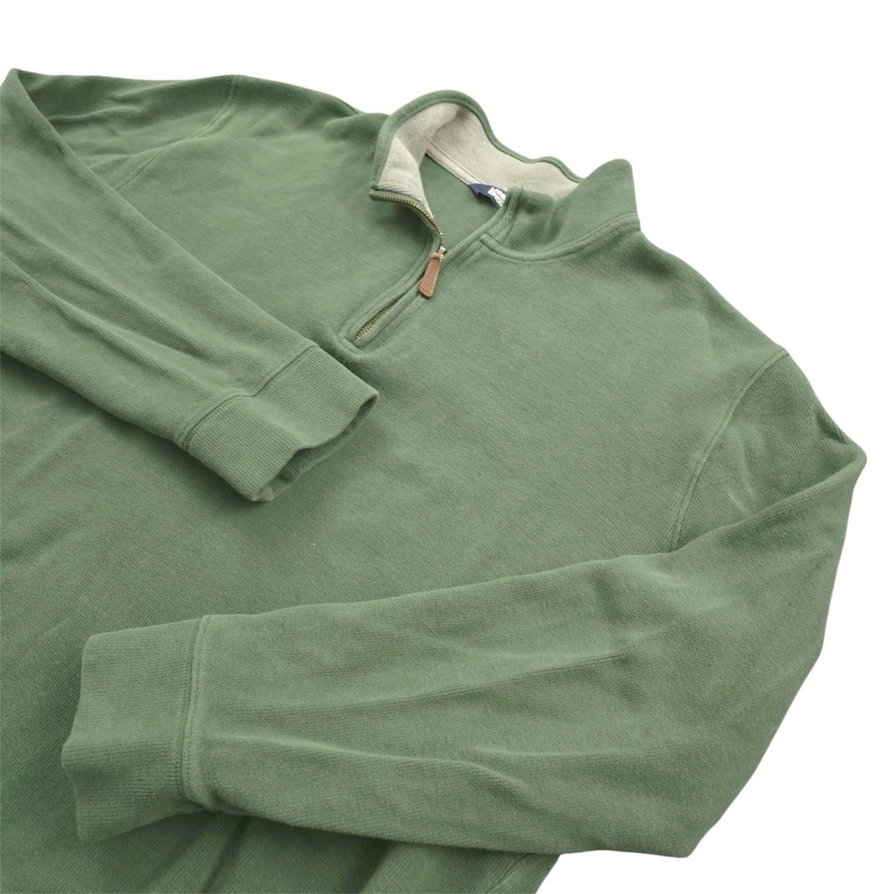 Lands' End Quarter Zip Pullover Mens L Green Ribbed Cotton Mock Neck Sweater